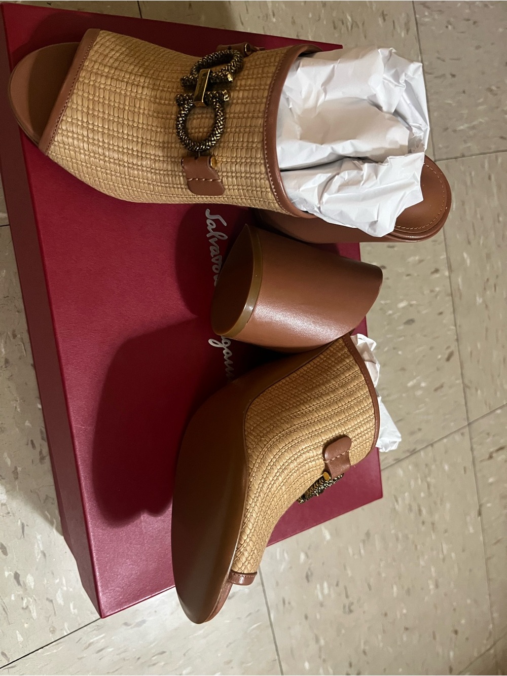Ferragamo Woven Straw Slide Sandals in Tan with Decorative Chain - Picture 3 of 11